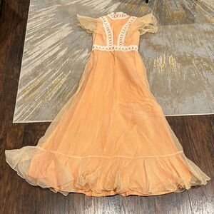 VTG  Union Made Romance Praire Dress Chiffon Train Peach 80’s S/M maxi dres NWOT